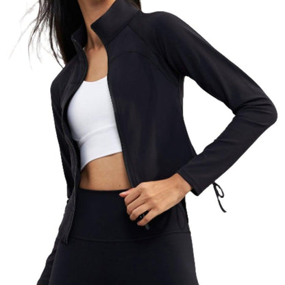 "Modern NULS Free Women's Sports Jacket: Four-Way Stretch Fabric with Chic Drawstring Zip-Top"