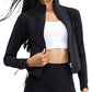 "Modern NULS Free Women's Sports Jacket: Four-Way Stretch Fabric with Chic Drawstring Zip-Top"